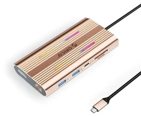 Orico USB-C Hub 12v1 ružovo-zlatá / USB-C hub / RGB / PD 100W / 2x HDMI 4K60Hz / DP 4K60Hz / RJ45 (ORICO-XDR-X3-RG-BP)