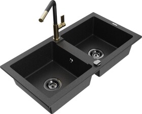 MEXEN/S MEXEN/S - Mario granitový drez 2-bowl vrátane batérie Flora, čierna/strieborná metalík 6504-73-670401-57-B