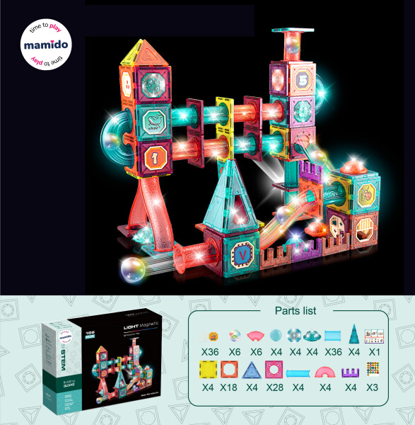 Mamido Mamido Farebná magnetická stavebnica s guľôčkovou dráhou 166 dielikov MT1223