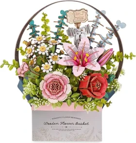 Robotime 3D drevená skladačka Košík s kvetinami