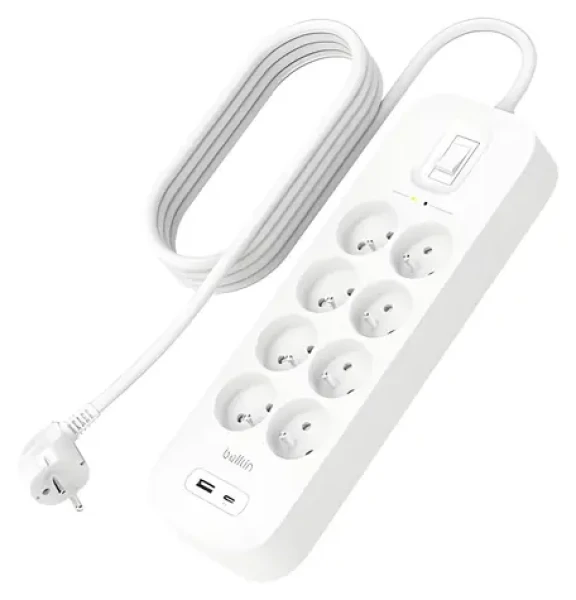 Belkin Predlžovací kábel s prepäťovou ochranou / Predlžovací kábel / 8x zásuvka / USB-A + C / 900J / 2m (SRB003ca2M)