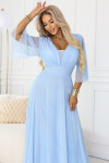 654-3 Dlhé trblietavé plus size šaty s výstrihom a priehľadnými rukávmi - modré UNI