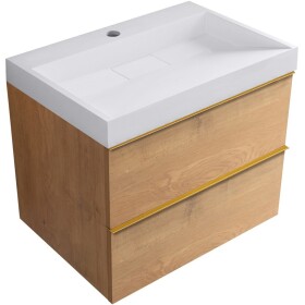 CERANO - Kúpeľňová skrinka Velora - dub medový, úchytka zlatá + umývadlo z lit. mramoru s otvorom Vita - biela lesklá - 70x63x46,5 CER-8050BD83881