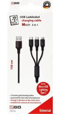 2GO 3in1 nabíjací kábel čierna / USB-A - USB-C / Micro-USB / Lightning / 1,5 m / nylon / 3 A (797153)