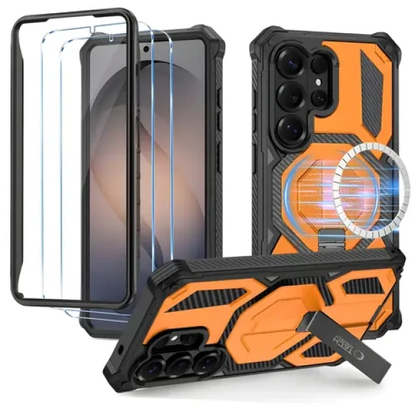 Tech-Protect MagBlast čierna, oranžová / Kryt s tvrdeným sklom / Samsung Galaxy S26 Ultra / MagSafe / 2 ks skla