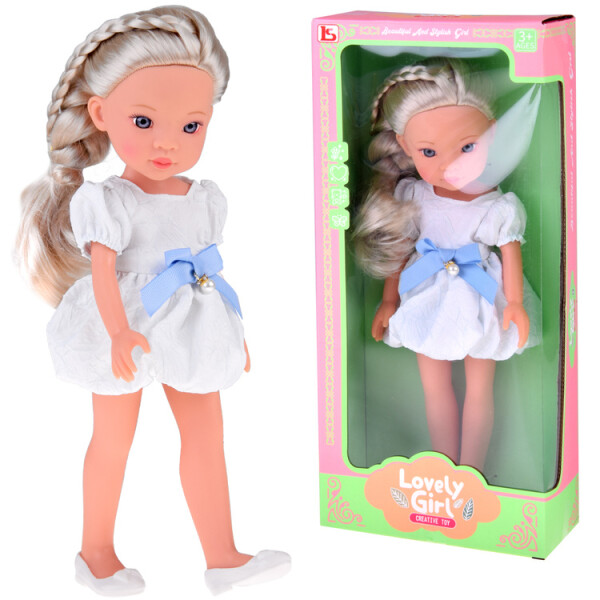 Mamido Lovely Girl Roztomilá bábika v bielych šatách s modrou mašľou 33 cm
