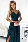 460-1 JOVITE dlhé brokátové šaty bez ramienok s rozparkom na nohách - BOTTLE GREEN L