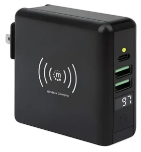 Manhattan 4v1 cestovná nabíjačka a powerbanka čierna / Powerbanka / 8000 mAh / Bezdrôtové nabíjanie / USB-C, 2x USB-A (102452)