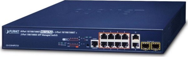 Planet PLANET GS-5220-8P2T2S łącza sieciowe Zarządzany L2+ Gigabit Ethernet (10/100/1000) Obsługa PoE 1U Modrý