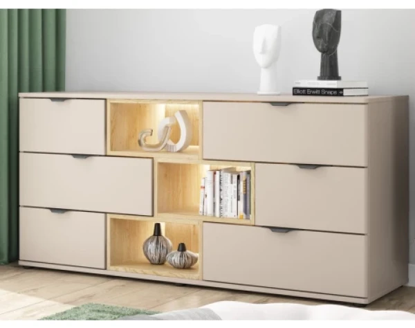 Komoda so zásuvkami Avola, 160 cm, béžová kašmír/dub cremona%