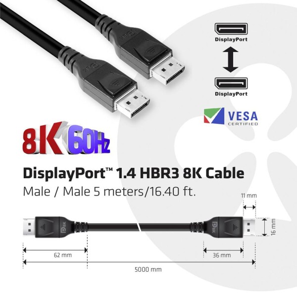 Club3D Kábel DisplayPort 1.4 8K@60Hz MM 5m / HBR3 (CAC-1061)