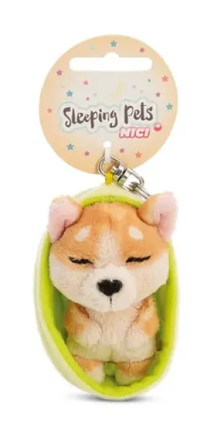Nici GREEN kľúčenka spiaca Psík Welsh Corgi + svetlo zelený košík 12 cm