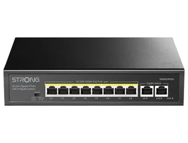 Strong SW8010POE+ / Switch / 8x GbE RJ-45 / 2x GbE RJ-45 Uplink / PoE+ 802.3 AF/at / 20Gbps (SW8010POE+)