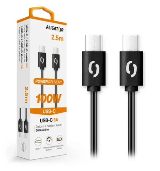 Aligator Dátový kábel POWER 100W / USB-C/USB-C 5A / 2.5m čierny (DATKP52)