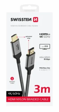 Swissten Kábel HDMI 2.0 (M) - HDMI 2.0 (M) 3M čierna / 18 Gbps / 4K / 60Hz / pozlátené kontakty (75501103)