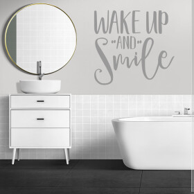 Veselá Stena Samolepka Nápis Wake up and Smile Farba: šedá, Veľkosť: 80 x 74 cm