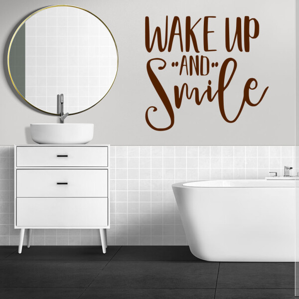 Veselá Stena Samolepka Nápis Wake up and Smile Farba: hnědá, Veľkosť: 40 x 37 cm