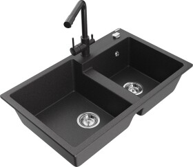 MEXEN/S MEXEN/S - Tomas granitový drez 2-bowl vrátane batérie Duero, čierna kropenatá 6516-76-671600-76