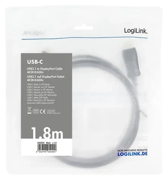 LogiLink USB-C - DisplayPort 1.8 m čierna / Redukcia / 4K / 60 Hz (UA0335)
