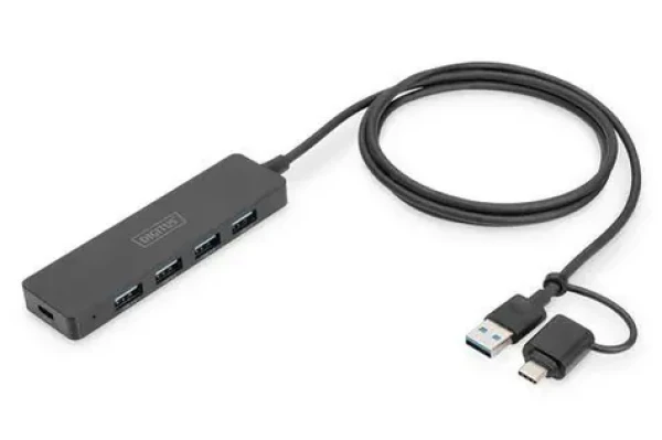 Digitus USB Hub Slim Line 4- Port čierna / USB hub / USB 3.2 Gen 1 / 4X USB-A / USB-C napájanie / 1,2 m kábel (DA-70236)