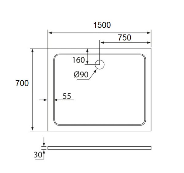 H K - THOR Sprchová vanička z liateho mramoru, obdĺžnik, 150x70x3 cm SE-THOR-15070