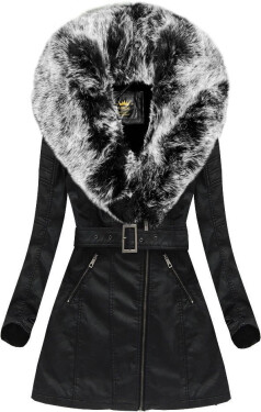 Čierno-sivý kabát z ekokože s kožušinovým golierom Libland (LD-5518) odstíny černé XL (42)