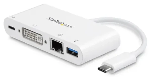 StarTech Multiport adaptér USB-C na DVI, RJ45 a USB-A bílá / Adaptér / DVI-I / RJ45 Ethernet / USB-A 3.2 (DKT30CDVPD)