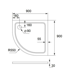 H K - THOR Sprchová vanička z liateho mramoru, štvrťkruh, R550 90x90x3 cm - ľavý odpad SE-THOR-90QL