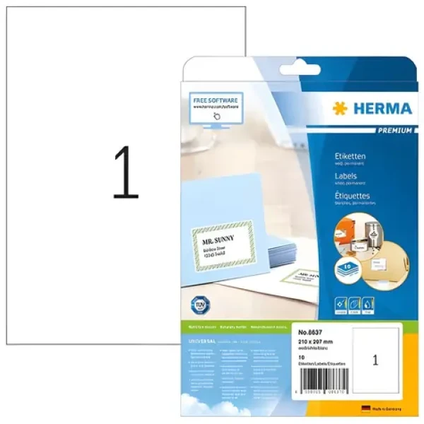 Herma Premium etikety A4 celoaršie biele 210x297 mm / Etikety / papier / 1 ks na list / 10 ks (8637)