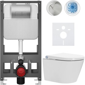 CERANO - Závesné WC s bidetom Basic/Cronus Standard - biela lesklá - WC tlačidlo Modulo/Strieborná - voľne stojaca - predstenová inštalácia - 59,3x38,4 CER-8050BD86462