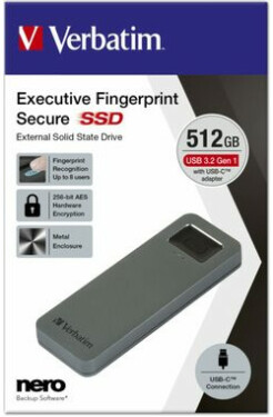 Verbatim SSD Executive Fingerprint Secure 512GB sivá / Externý SSD / USB 3.2 Gen.1 / čítanie:344 MBs / zápis: 356MBs (53656)