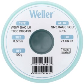 Weller WSW SAC L0 spájkovací cín bez olova cievka Sn3,0Ag0,5Cu 100 g 0.5 mm; T0051388499