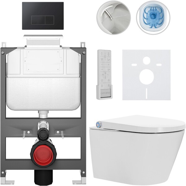CERANO - Závesné WC s bidetom Basic/Cronus Premium - biela lesklá - WC tlačidlo Modulo/Čierna - ovládanie zhora - predstenová inštalácia - 59,3x38,4 CER-8050BD86500