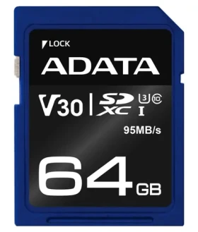 ADATA Premier Pre 64GB SDXC / UHS-I / U3 / V30 / CL10 / R: 95MBs / 60MBs (ASDX64GUI3V30S-R)