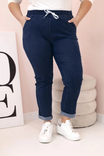 Dámske Plus veľkosť bavlnené nohavice s elastickým pásom a šnúrkou Dark Denim 5XL