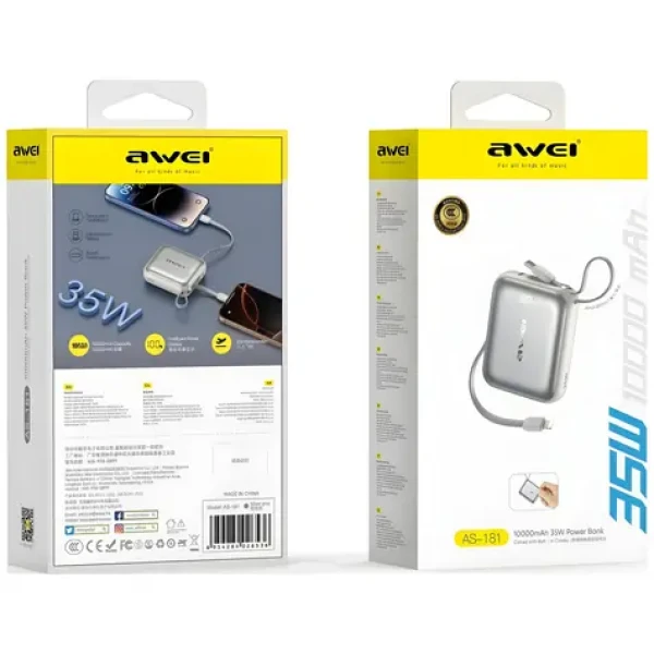Awei AS-181 strieborná / Powerbanka / 10000mAh / 35W / USB-C + Lightning kábel (AS-181)