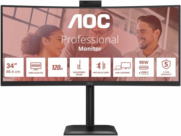 AOC AOC E4 CU34E4CW monitor komputerowy 86,4 cm (34") 3440 x 1440 px UltraWide Quad HD LED Čierny