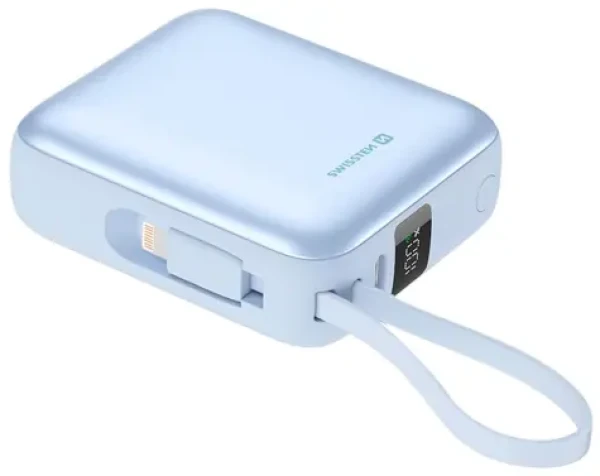 Swissten Space 10000mAh modrá / Powerbanka s integrovanými káblami / USB-C + Lightning (22013984)