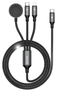 AWEI W23 3v1 čierna / Nabíjací kábel / USB-C / Lightning / pre hodinky / 1,2 m / 100W (W23)