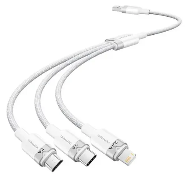 Vention CTPWG biela / Kábel USB-A 3v1 / Lightning, USB-C, Micro-B / 3 A / 1,5 m / 480 Mb/s (CTPWG)