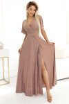 581-4 JENNIFER trblietavé dlhé šaty s rukávmi a výstrihom - MOCHA MOUSSE WITH BROKER M