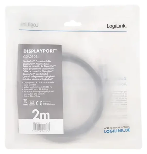 LogiLink DisplayPort 1.4 čierno-šedá / Kábel DisplayPort / 2 m / 8K/60 Hz (CDA0105)