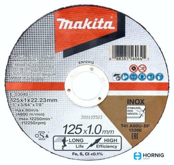 Makita E-03040 / Rezný kotúč na nerez / 125x1.0 mm / Priemer otvoru: 22.23 mm (E-03040)