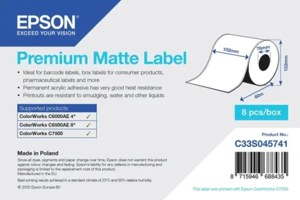 Epson Premium Matte Label 102 mm x 60 m / Etikety / Kontinuálne role / biela / vodeodolné (C33S045741)