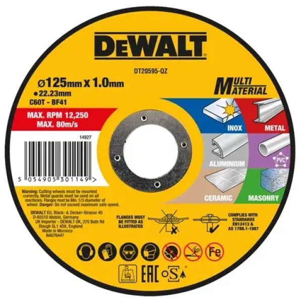 DeWalt DT20595 / Rezný kotúč na nerezovú oceľ / Priemer 125 x 22.23 mm / Šírka 1.0 mm (DT20595)