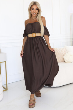 614-1 Boho maxi šaty s odhalenými ramenami a opaskom - CHOCOLATE UNI