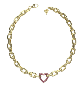 Guess Výrazný pozlátený náhrdelník s ružovými kryštálmi Beloved JUBN05004JWYGPKT/U
