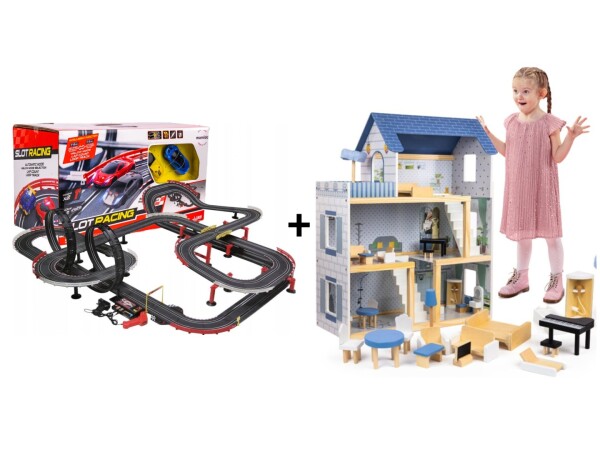 Mamido Mamido Výhodná sada Autodráha Gigant 1420cm + Domček pre bábiky Roxana s nábytkom a príslušenstvom XL 78cm 15ks + LED osvetlenie