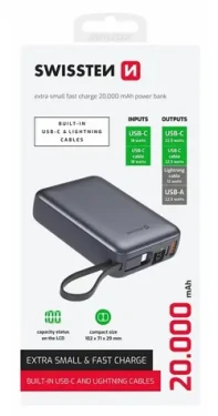 Swissten 22013945 20000mAh strieborná / Powerbanka s integrovanými káblami / 2x USB-C + Lightning (22013945)