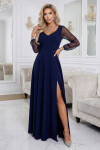640-3 LORETTA jedinečné dlhé šaty s tylovými rukávmi a výstrihom - tmavomodré XXL